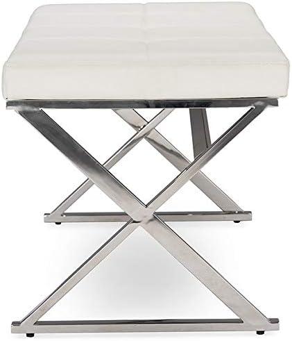 Baxton Studio Herald Modern and Contemporary Stainless Steel and Faux Leather Upholstered Rectangle Bench - White: Chic Entryway Ottoman, Seats 1