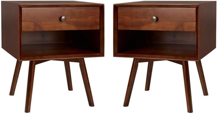 Walker Edison 2-Piece Mid-Century Solid Pine Wood Bedroom Nightstand in Walnut