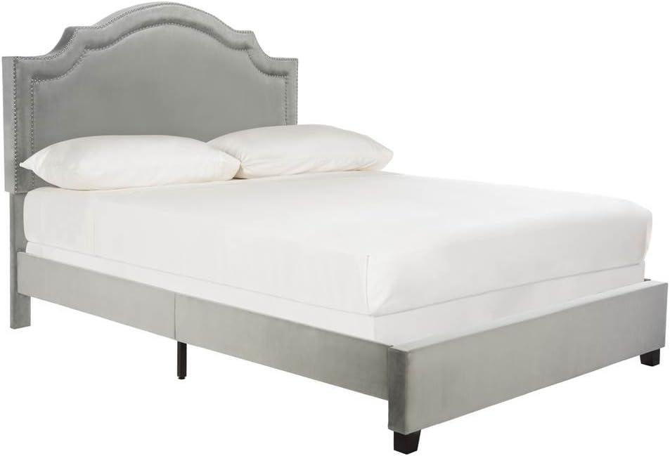 SAFAVIEH Theron Modern Elegant Upholstered Bed Frame with Nail Heads, Queen, Pewter