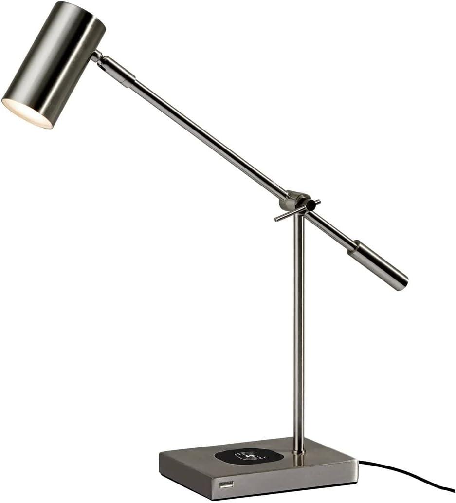 Flemings Brushed Steel Adjustable LED Desk Lamp with USB & Qi Charging