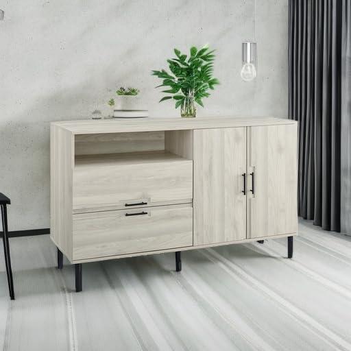 Walker Edison Modern Detailed Cabinet Door and 2 Drawer Storage-Sideboard-Buffet, 56, Birch