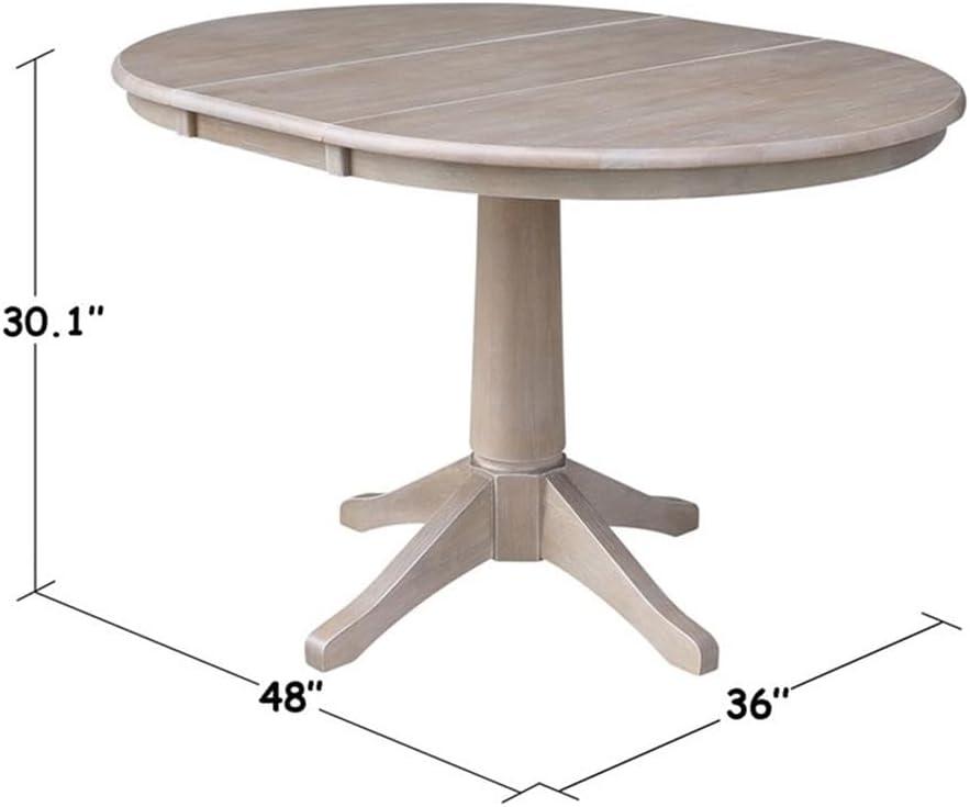 36" Magnolia Round Top Dining Table with 12" Leaf Washed Gray Taupe - International Concepts: Hardwood Pedestal Base, Seats 4