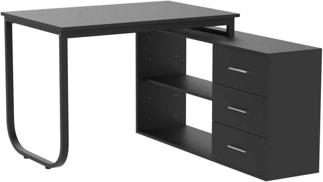 KULAGAGA L Shaped Computer Desk Corner Writing Workstation Table with Cabinet Drawer Storage for Home Office Study, Black