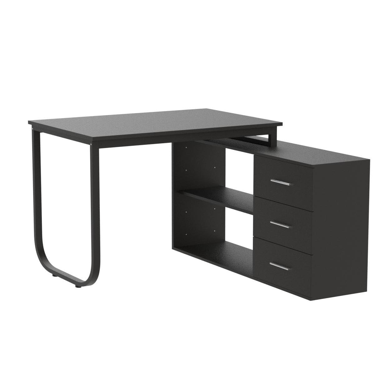KULAGAGA L Shaped Computer Desk Corner Writing Workstation Table with Cabinet Drawer Storage for Home Office Study, Black