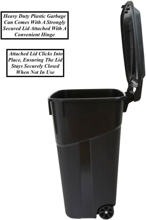 Hyper Tough 32 Gallon Wheeled Heavy Duty Plastic Garbage Can, Attached Lid, Black