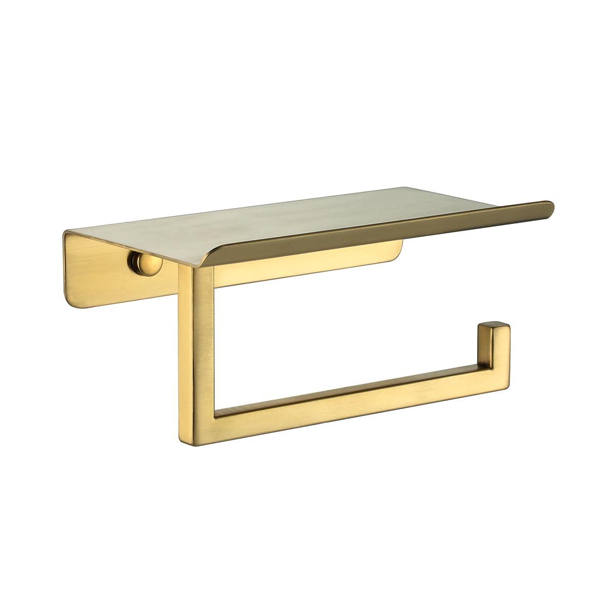 JQK Toilet Paper Holder Shelf, Bathroom Tissue Roll Holder with Phone Shelf, 5 Inch 304 Stainless Steel Tissue Paper Dispenser, Brushed Gold Finished Wall Mount, TPH202-BG