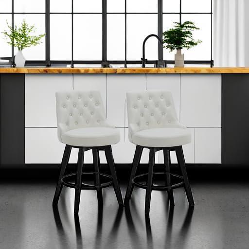 White Faux Leather Swivel Counter Stools with Black Legs