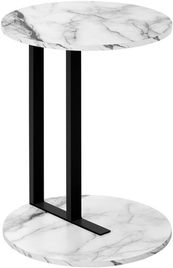 17 Stories Accent Table, Side, Round, End, Nightstand, Lamp, Living Room, Bedroom, White Marble Look Laminate, Black Metal, Contemporary, Modern