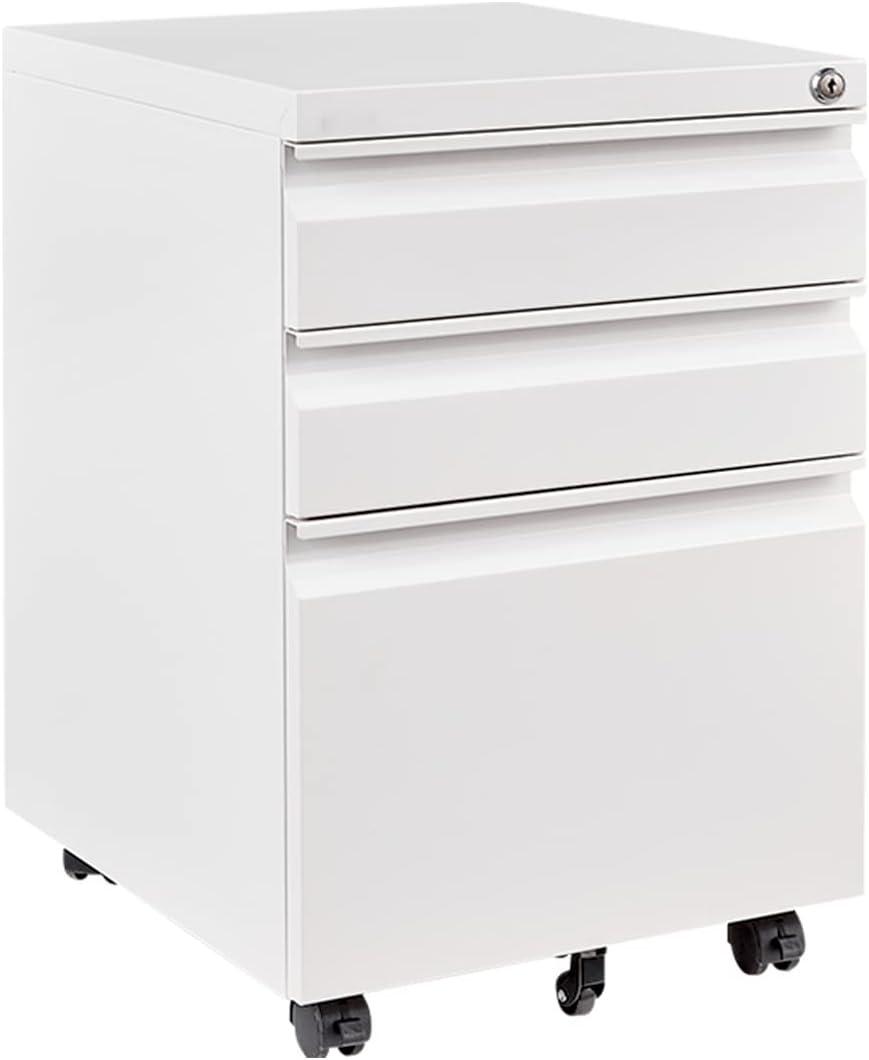 3 Drawer Mobile File Cabinet, Metal Filing Cabinets with Lock Wheels Under Desk, Lockable Rolling File Cabinet for Home Office, Fit Letter/Legal/A4 Size (White)