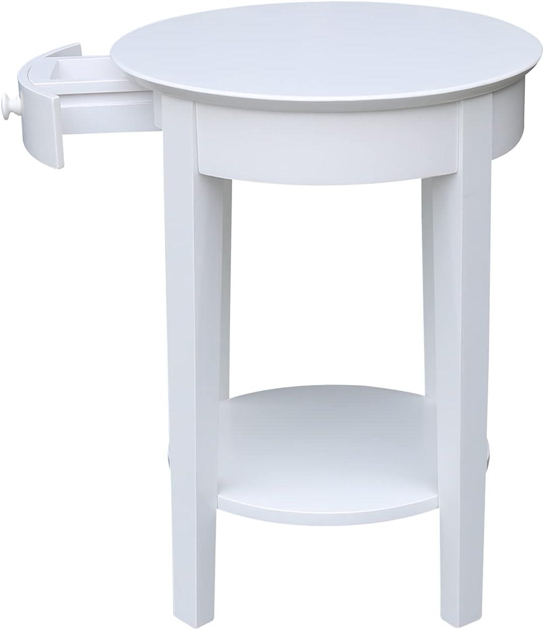 Elegant Round White Parawood Accent Table with Drawer and Shelf