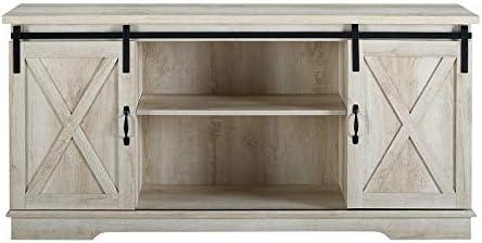 58" Modern Farmhouse Wood TV Stand with Sliding Barn Doors - Solid White Oak