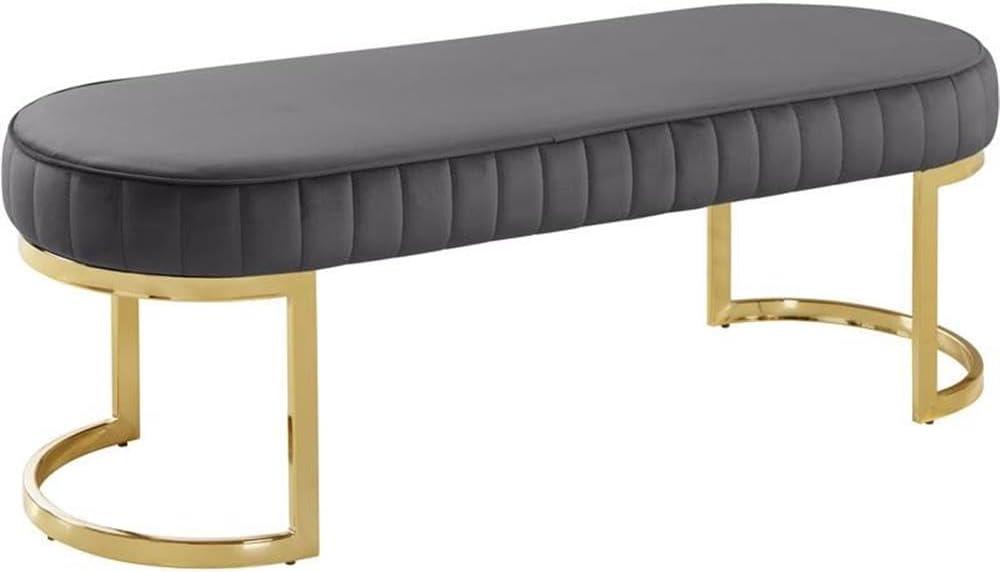 Lemar 50'' Gold-Tone Base Gray Velvet Tufted Bench