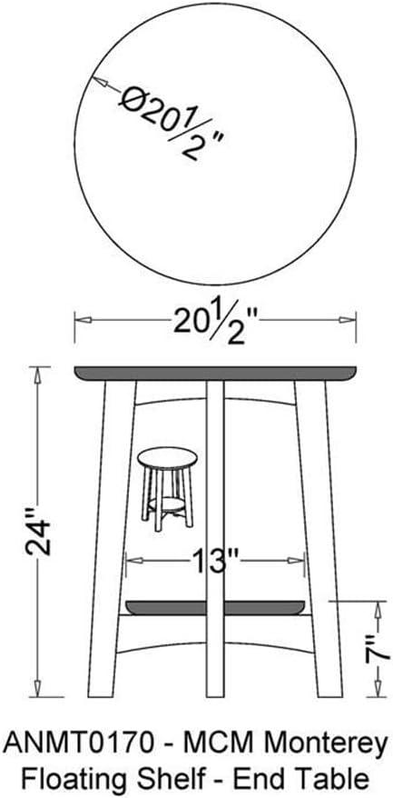 Monterey Round Mid Century Modern Wood End Table Chestnut - Alaterre Furniture: Tapered Legs, Floating Shelf