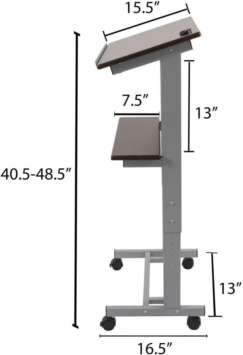 Adjustable Height Silver Frame Rolling Lectern with Walnut Shelves