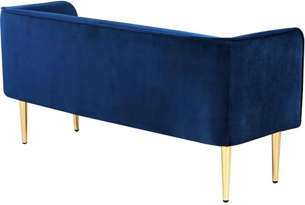 Audrey Navy Velvet Upholstered Bench with Gold Metal Legs, 52" W