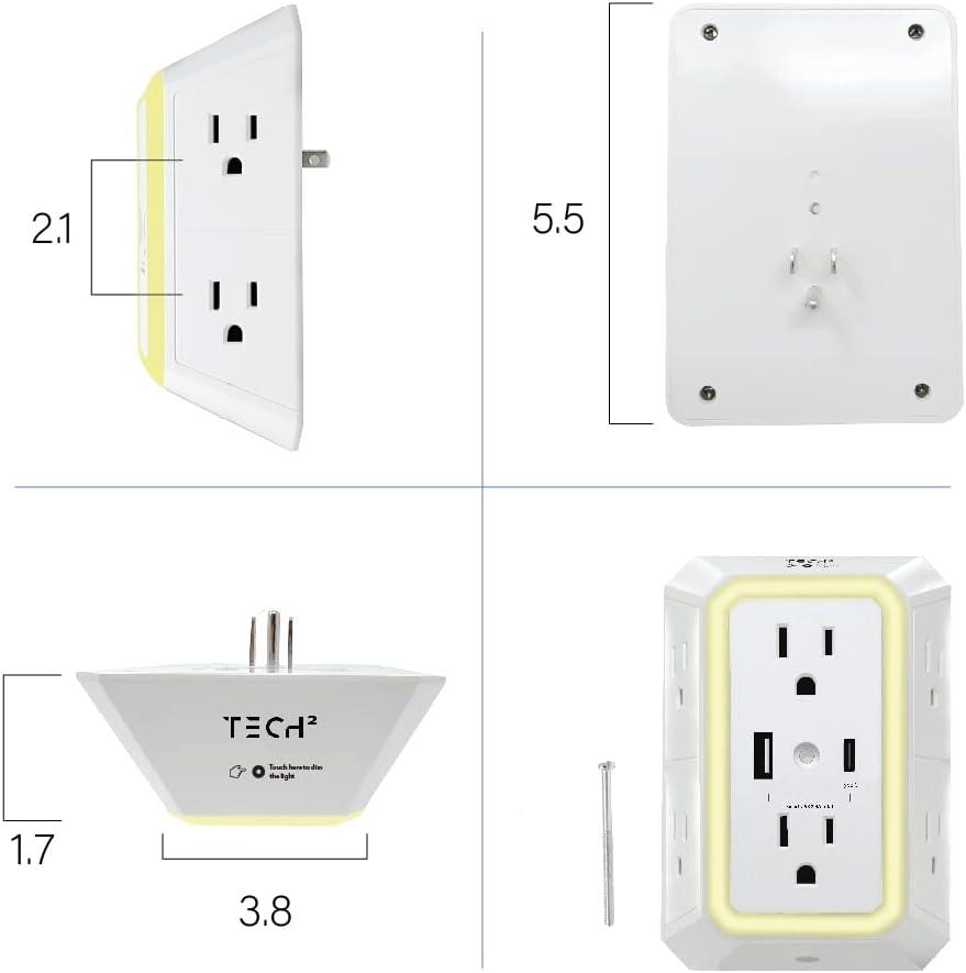 ONDOG 3 Sided Outlet Extender 6 Outlets with 2 USB Ports, Multi Plug Outlet Splitter for Home, Office