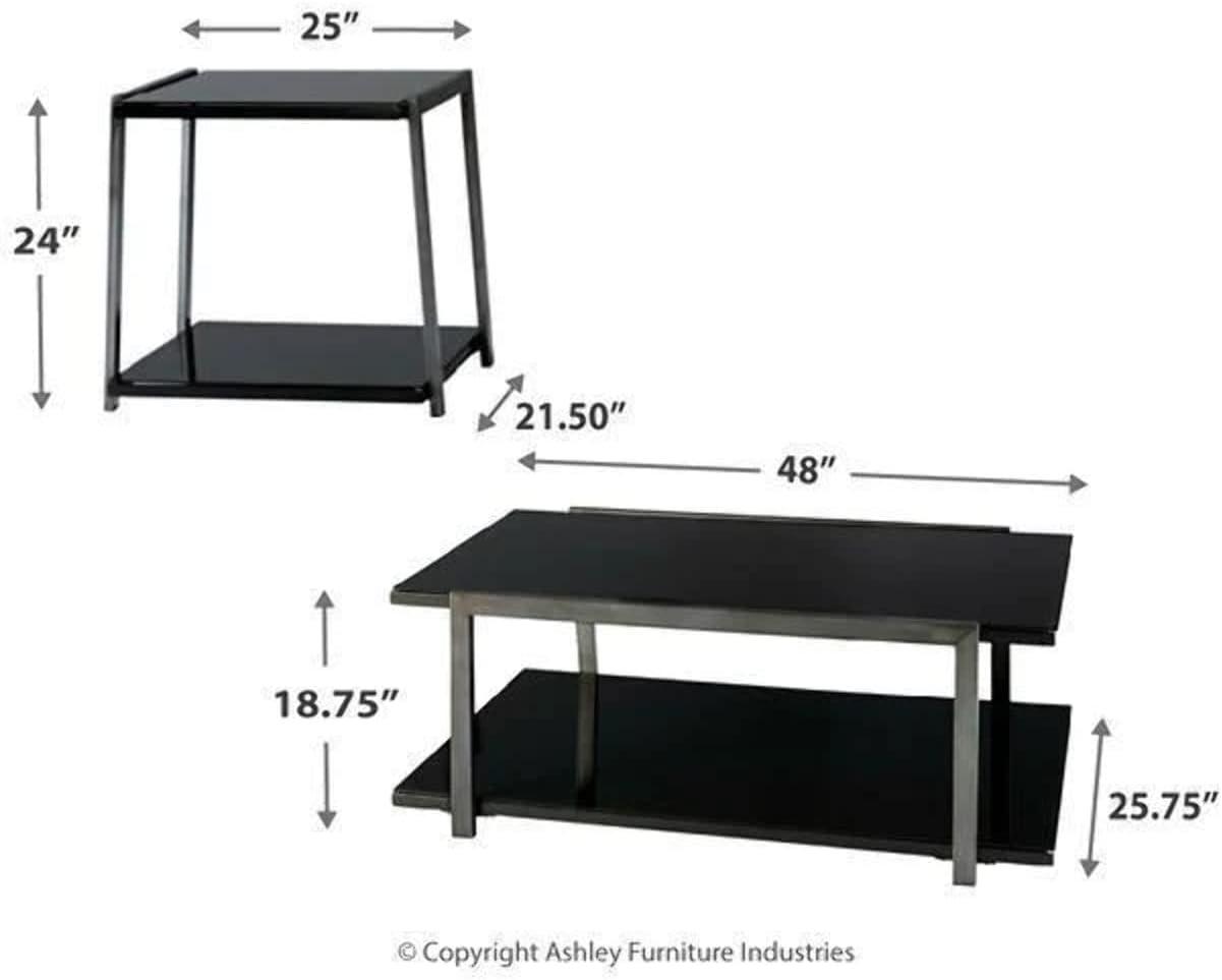 3pc Rollynx Coffee and End Table Set Black - Signature Design by Ashley: Aged Silvertone Metal, Glass Surface