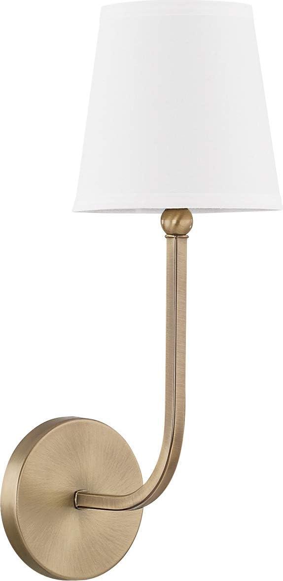 Dawson Aged Brass 1-Light Wall Sconce with White Fabric Shade