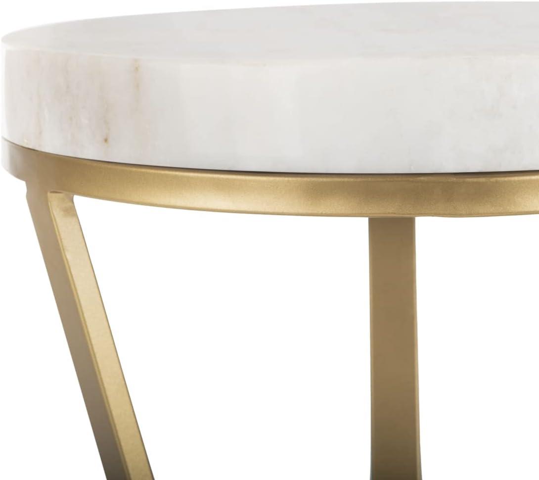 Transitional 14" Round Stone and Metal Accent Table in Gold/White