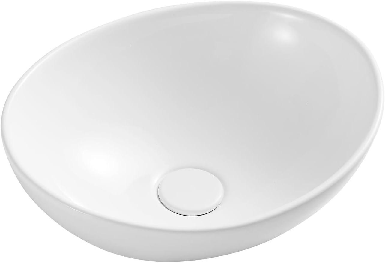 White Polished Ceramic Oval Above-Counter Vessel Sink