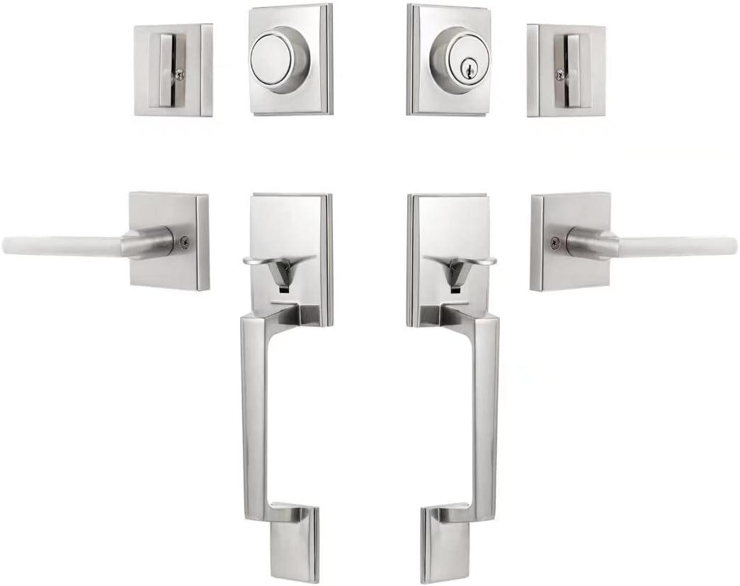 Satin Nickel Modern Double Door Handle Set with Lever