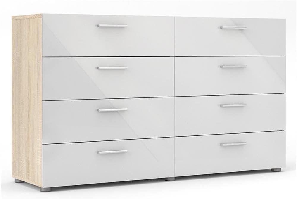 Tvilum Loft 8 Drawer Double Dresser for Adults, Oak Structure and White High Gloss