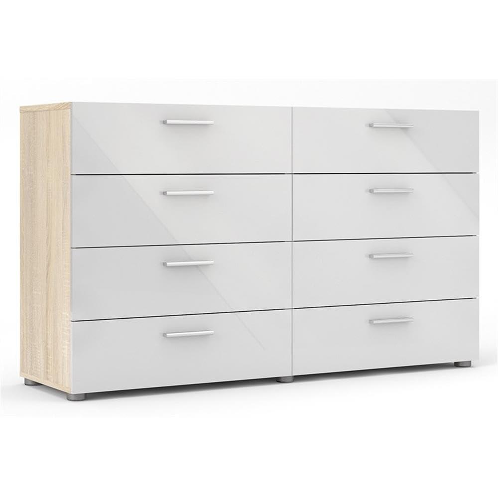 Tvilum Loft 8 Drawer Double Dresser for Adults, Oak Structure and White High Gloss