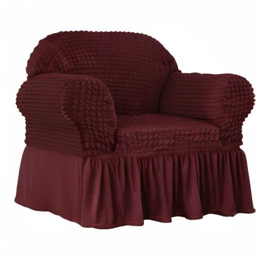 SUBRTEX 1 Piece Seersucker Sofa Slipcover with Skirt Universal Stretch Sofa Couch Slipcover Easy Fitted Chair Furniture Protector(1 Seater,Wine)