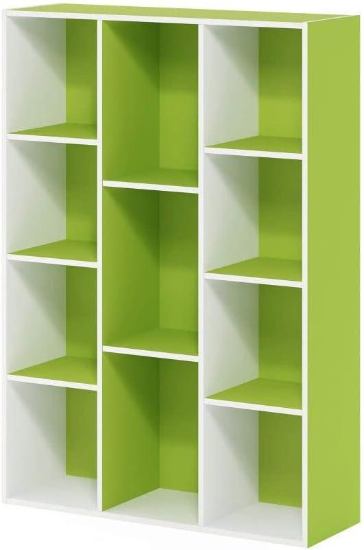 Contemporary White & Light Green Wood 11-Cube Kids Storage Shelf