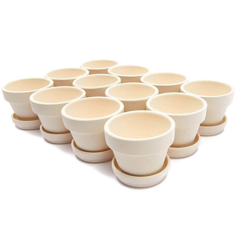 Juvale 12 Pack White Clay Mini Terracotta Pots with Saucers and Drainage Hole, Paintable Pottery for Succulents, Crafts, and Wedding Decor, 3 Inch