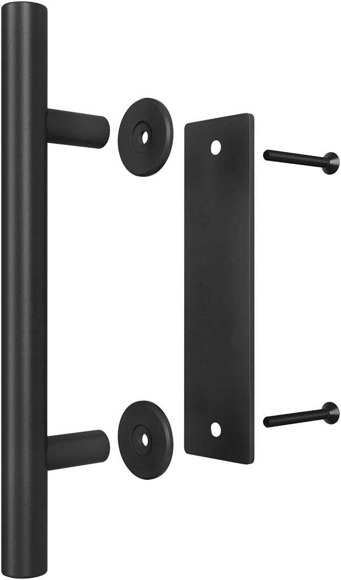 Heavy Duty 12" Pull and Flush Barn Door Handle Set, Large Rustic Two-Side Design, for Gates Garages Sheds Furniture, Solid Steel Material, Round, Black