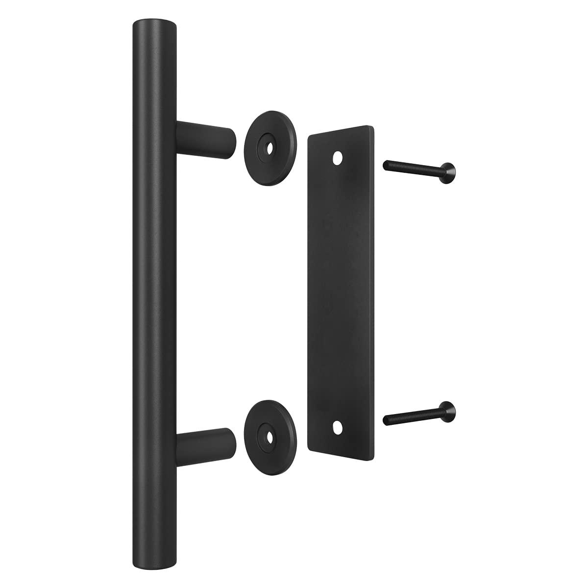 Heavy Duty 12" Pull and Flush Barn Door Handle Set, Large Rustic Two-Side Design, for Gates Garages Sheds Furniture, Solid Steel Material, Round, Black