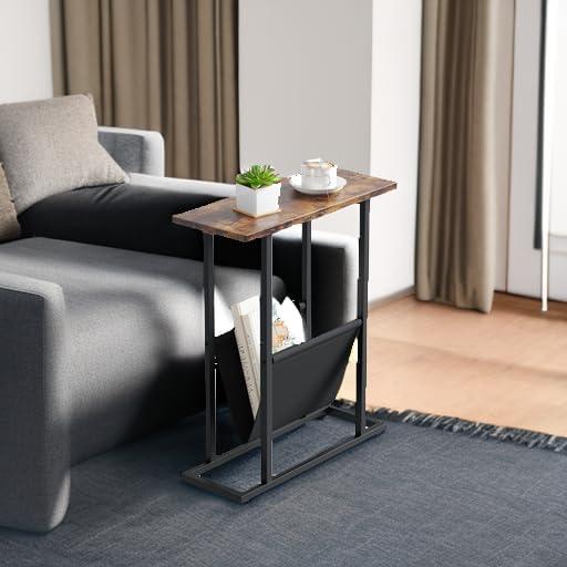 Narrow Side Table, Nightstand with Storage Shelf, Slim Magazine Table for Small Spaces, Narrow Side Snack Couch, End Table for living room, bedroom, hallway, Rustic Brown