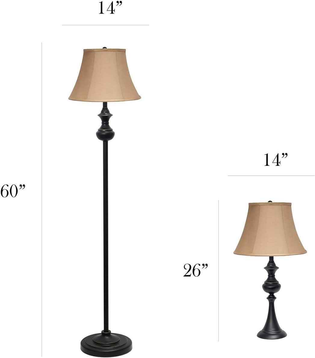 3pk Crafted Lamp Set (2 Table Lamps and 1 Floor Lamp) with Shades Restoration Bronze - Elegant Designs: UL Listed, Cotton Shades