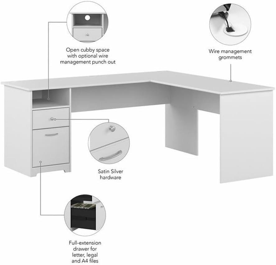Cabot 72W L Shaped Computer Desk with File in White - Engineered Wood