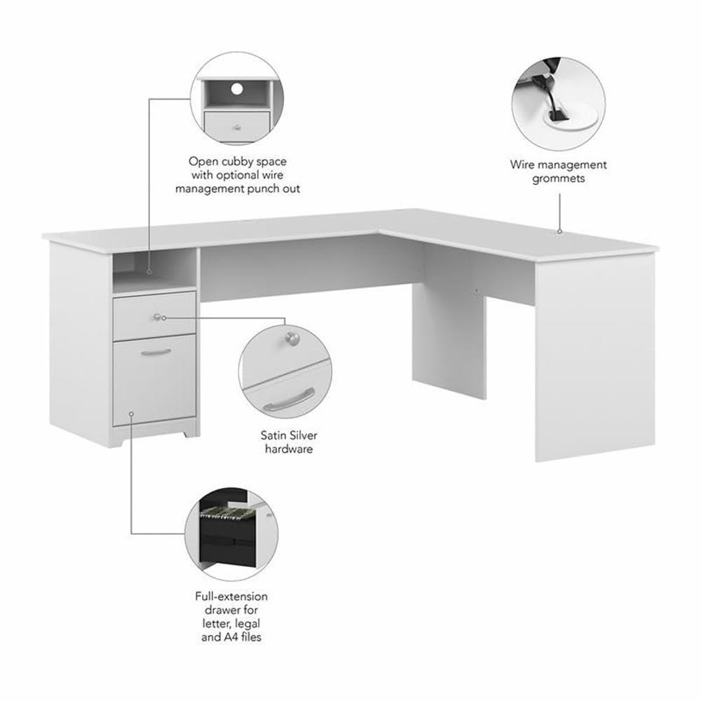 Cabot 72W L Shaped Computer Desk with File in White - Engineered Wood