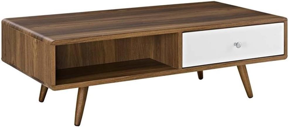 Transmit Coffee Table Walnut White - Modway: Mid-Century Modern, Storage, Tapered Legs