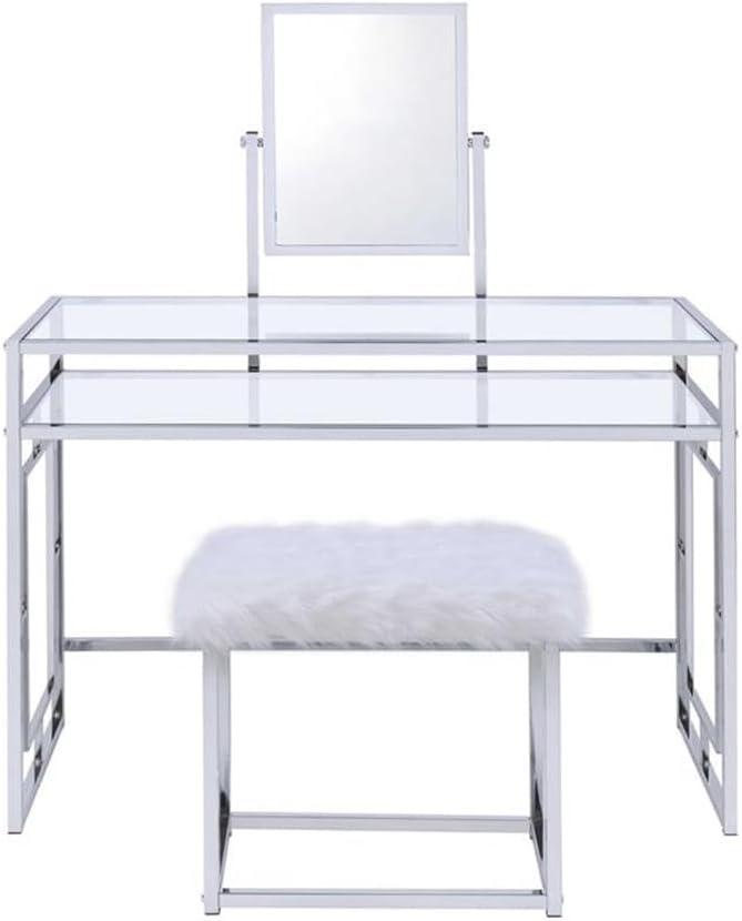 ACME Josh Vanity Table, Mirror, and Stool in White and Chrome