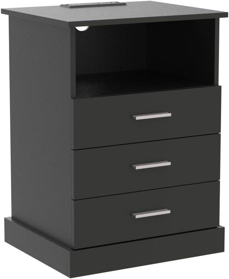 Afuhokles Black LED Nightstand with Charging Station, Night Stand 3 Drawers with Open Storage, Side Table with USB Ports and Outlets