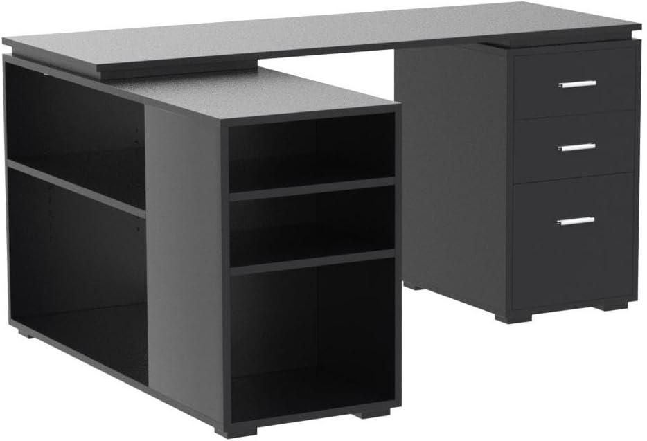 Black Wood L-Shaped Corner Computer Desk with Drawer and Filing Cabinet