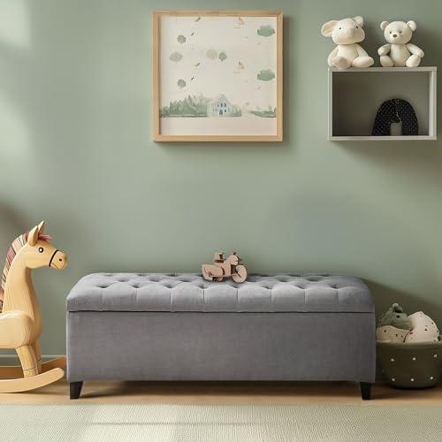 Selah Tufted Top Storage Bench - Gray: Upholstered Ottoman with Wood Legs, Polyester, Spot Clean