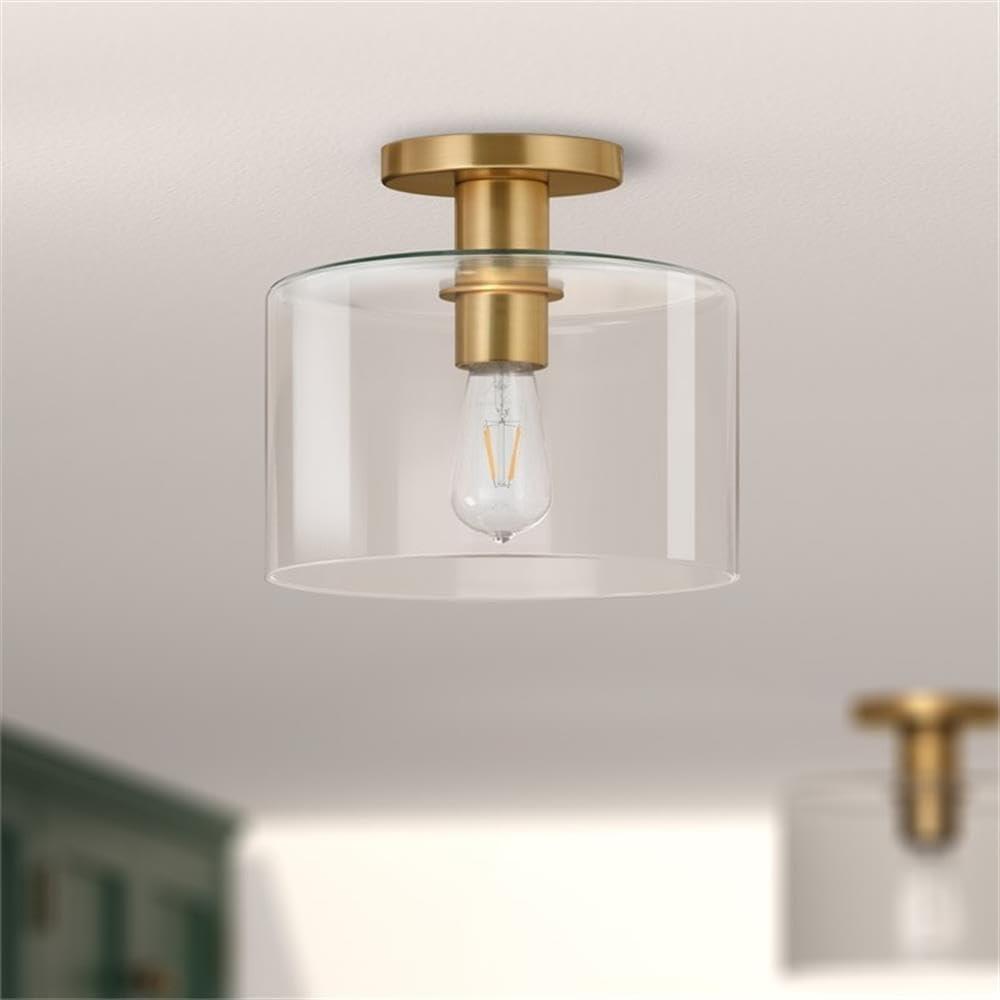 Henn&Hart 10" Brass Finish Metal/Glass Semi Flush Mount