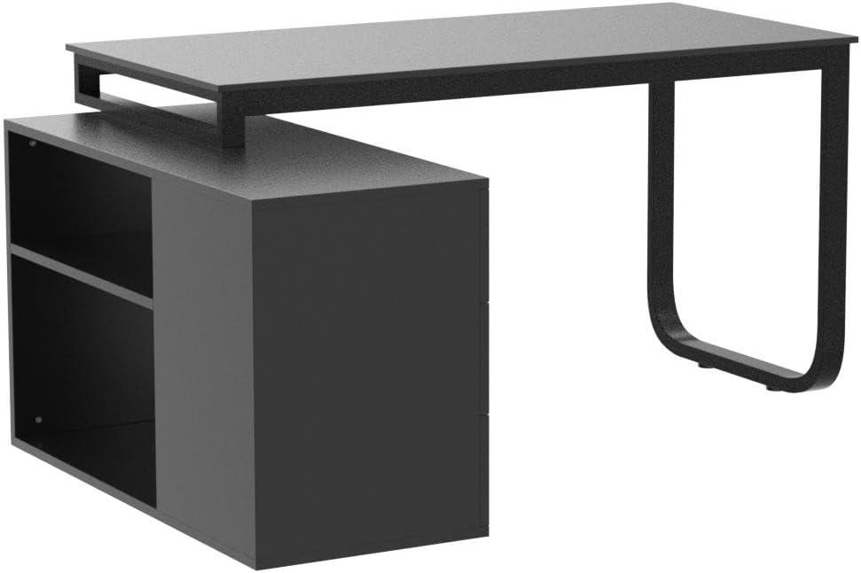 KULAGAGA L Shaped Computer Desk Corner Writing Workstation Table with Cabinet Drawer Storage for Home Office Study, Black