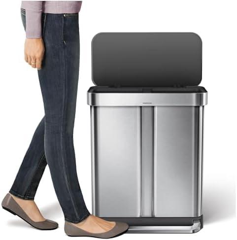 simplehuman 58L Rectangular Dual Compartment Recycling Step Trash Can Brushed Stainless Steel: Fingerprint-Resistant Garbage Can