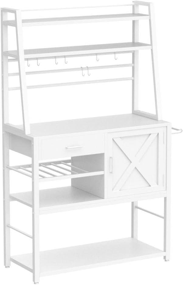 Afuhokles Baker's Rack, Coffee Bar Cabinet, Farmhouse Microwave Stand with Wine Rack, Storage Drawer and 8 Hooks for Kitchens with Storage, White