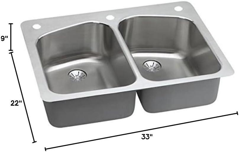 Elkay Lustertone Classic Stainless Steel 33" x 22" x 9", Equal Double Bowl Dual Mount Sink with Perfect Drain