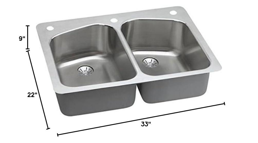 Elkay Lustertone Classic Stainless Steel 33" x 22" x 9", Equal Double Bowl Dual Mount Sink with Perfect Drain