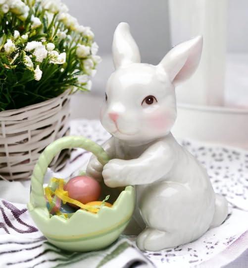 Ceramic Bunny Rabbit Easter Egg Basket Figurine 3.5in Spring Gift