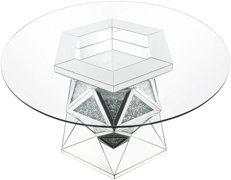 ACME Noralie Round Glass Top Dining Table in Mirrored and Faux Diamonds