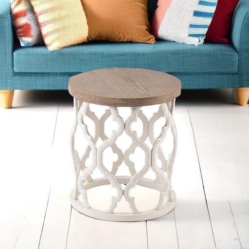 COZAYH Mesa Auxiliar Rústica Mesa Auxiliar con Tapa de Madera Desgastada y Base de Marco con Motivo Curvo para Decoración Boho, de Granja, Redonda, Natural